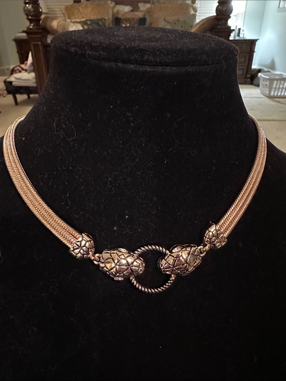 Fabulous Triple Strand Gold Tone Snake Head Necklace